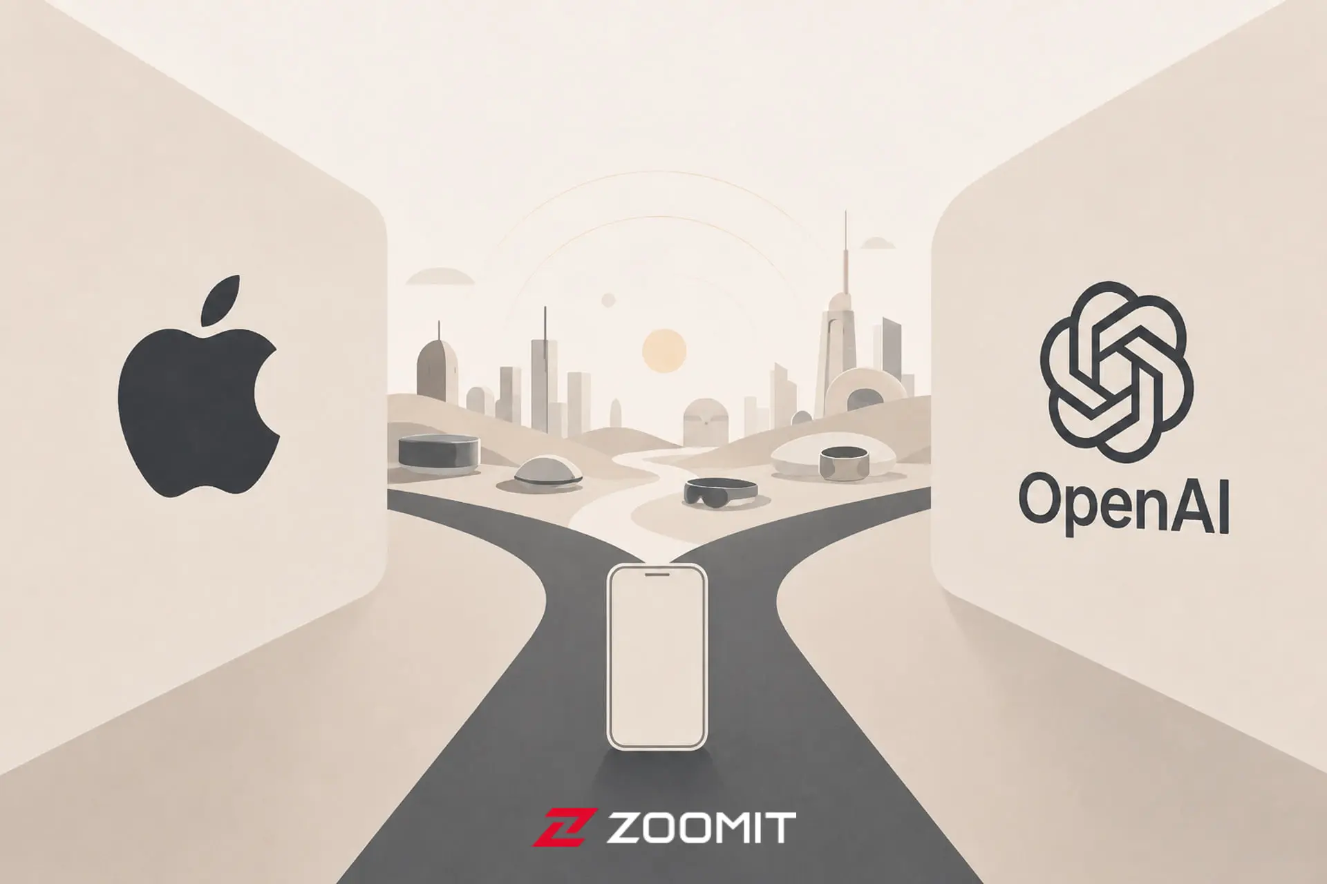لوگوی اپل (Apple) و OpenAI در دو سوی یک مسیر با نماد گوشی هوشمند