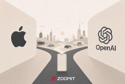 لوگوی اپل (Apple) و OpenAI در دو سوی یک مسیر با نماد گوشی هوشمند