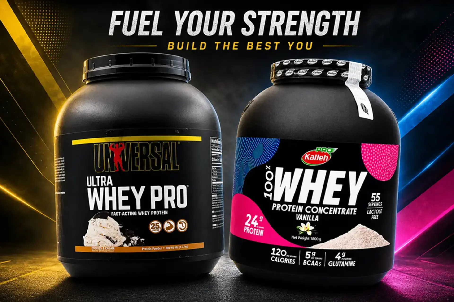 مکمل پروتئین وی (Whey Protein) برند یونیورسال و کاله‌ در دو ظرف مشکی