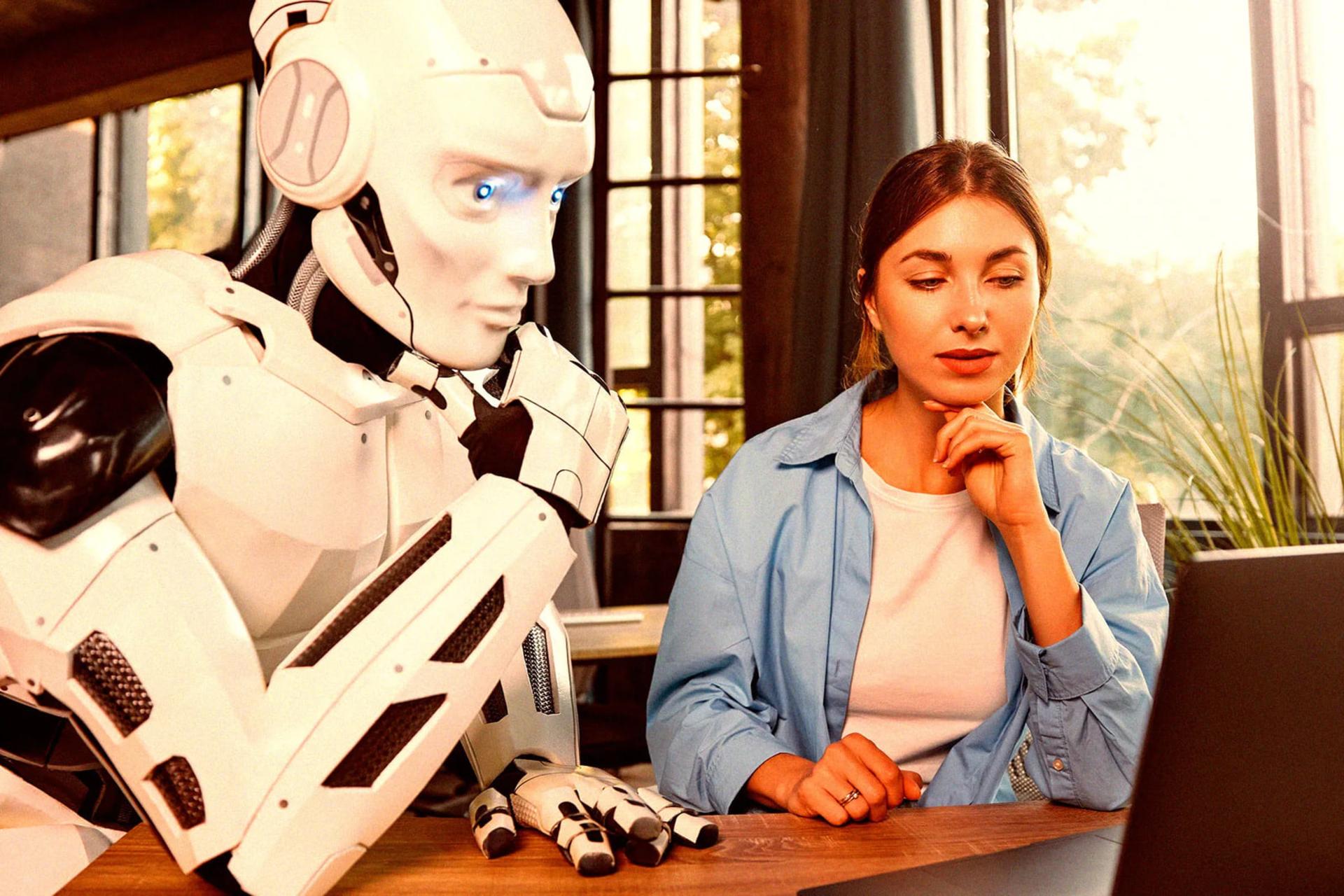 ربات انسان‌نمای سفید (Humanoid Robot) در کنار زنی که با لپ‌تاپ کار می‌کند