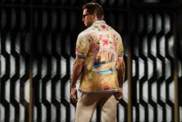 شخصیت مرد با پیراهن گل‌دار در محیط بازی GTA 6