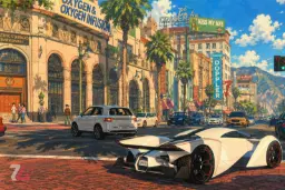 خودروی اسپرت سفید در خیابان‌های پرجنب‌وجوش شهر GTA V با سبک هنری انیمه