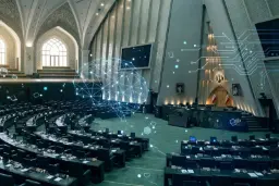 نمای سالن مجلس شورای اسلامی با گرافیک شبکه عصبی و مدارهای دیجیتال
