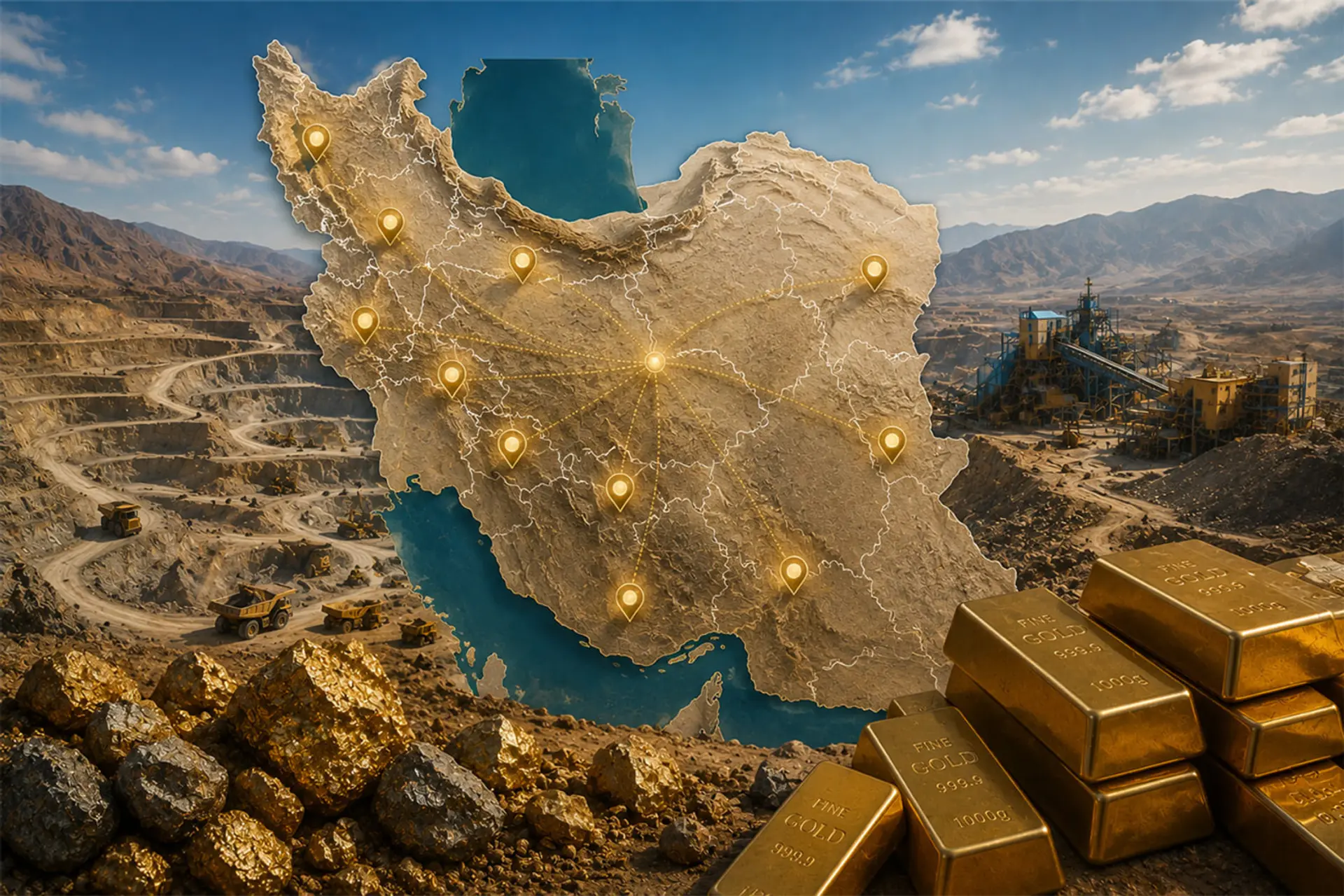 نقشه ایران با نشانه‌های طلایی موقعیت معادن و شبکه تولید طلای ایران