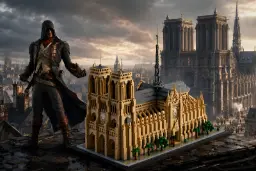 مدل لگو (LEGO) کلیسای نوتردام (Notre-Dame de Paris) در کنار شخصیت آرنو (Arno Dorian)
