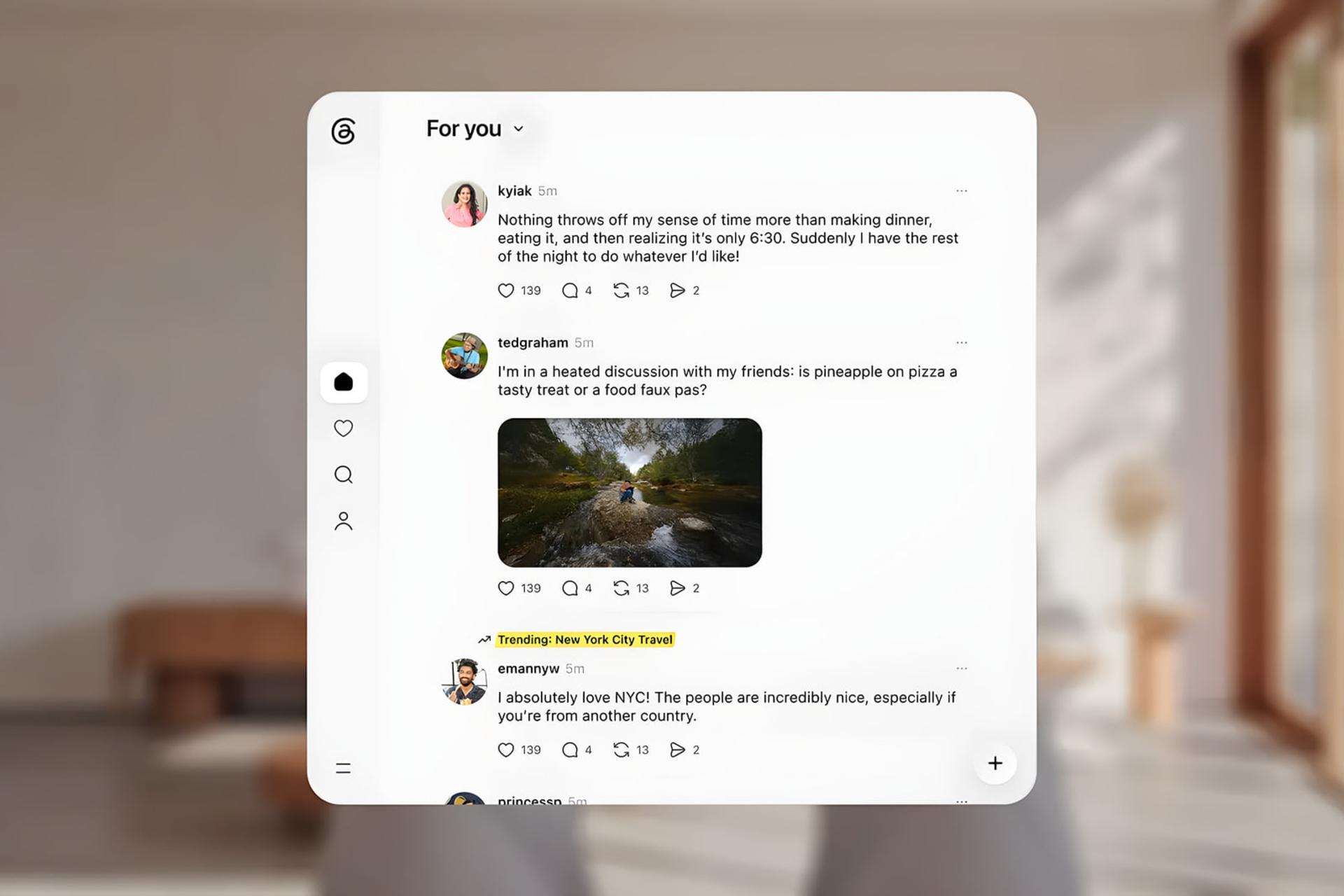 نمای صفحه اصلی اپلیکیشن تردز (Threads) با پست‌های کاربران