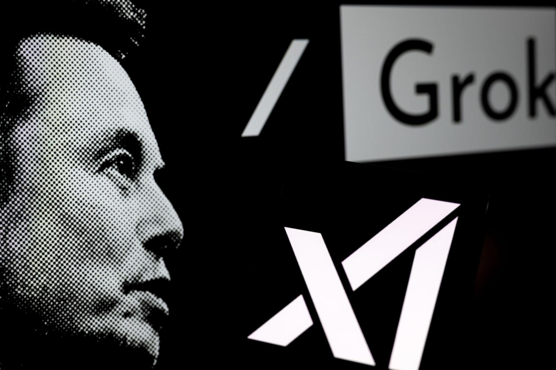 چهره ایلیون ماسک (Elon Musk) در کنار لوگوی هوش مصنوعی Grok