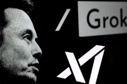 چهره ایلیون ماسک (Elon Musk) در کنار لوگوی هوش مصنوعی Grok