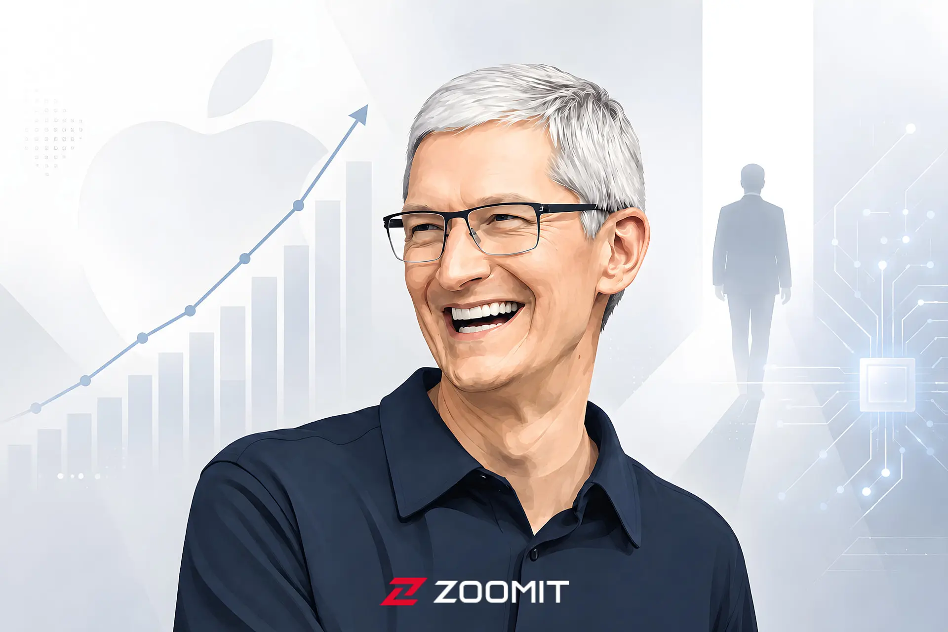 تیم کوک (Tim Cook) در کنار نمودار رشد و لوگوی اپل