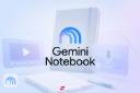 لوگوی Gemini Notebook روی پس‌زمینه‌ای از ابزارهای تولید پادکست و ویدیو