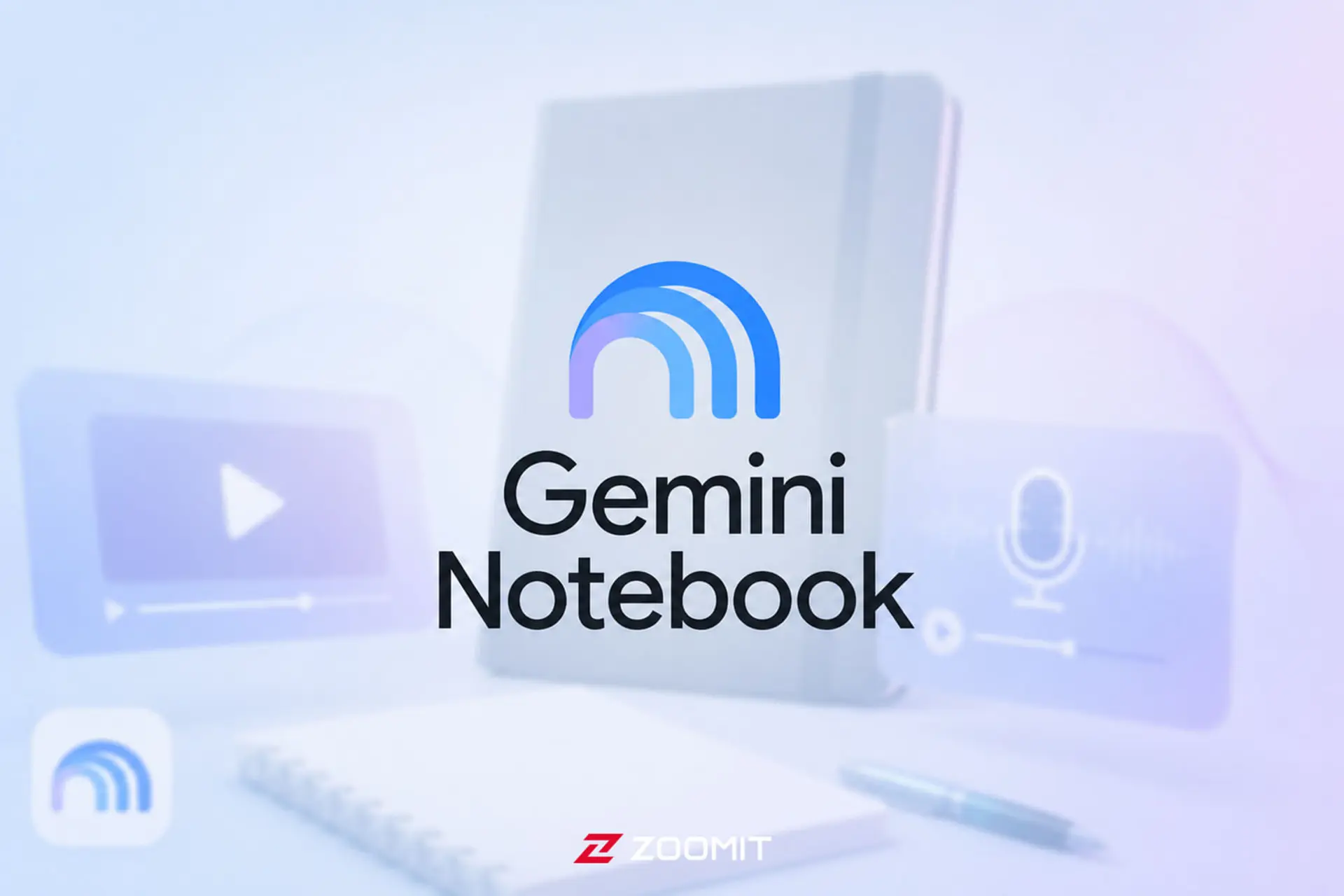 لوگوی Gemini Notebook روی پس‌زمینه‌ای از ابزارهای تولید پادکست و ویدیو