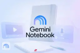 لوگوی Gemini Notebook روی پس‌زمینه‌ای از ابزارهای تولید پادکست و ویدیو