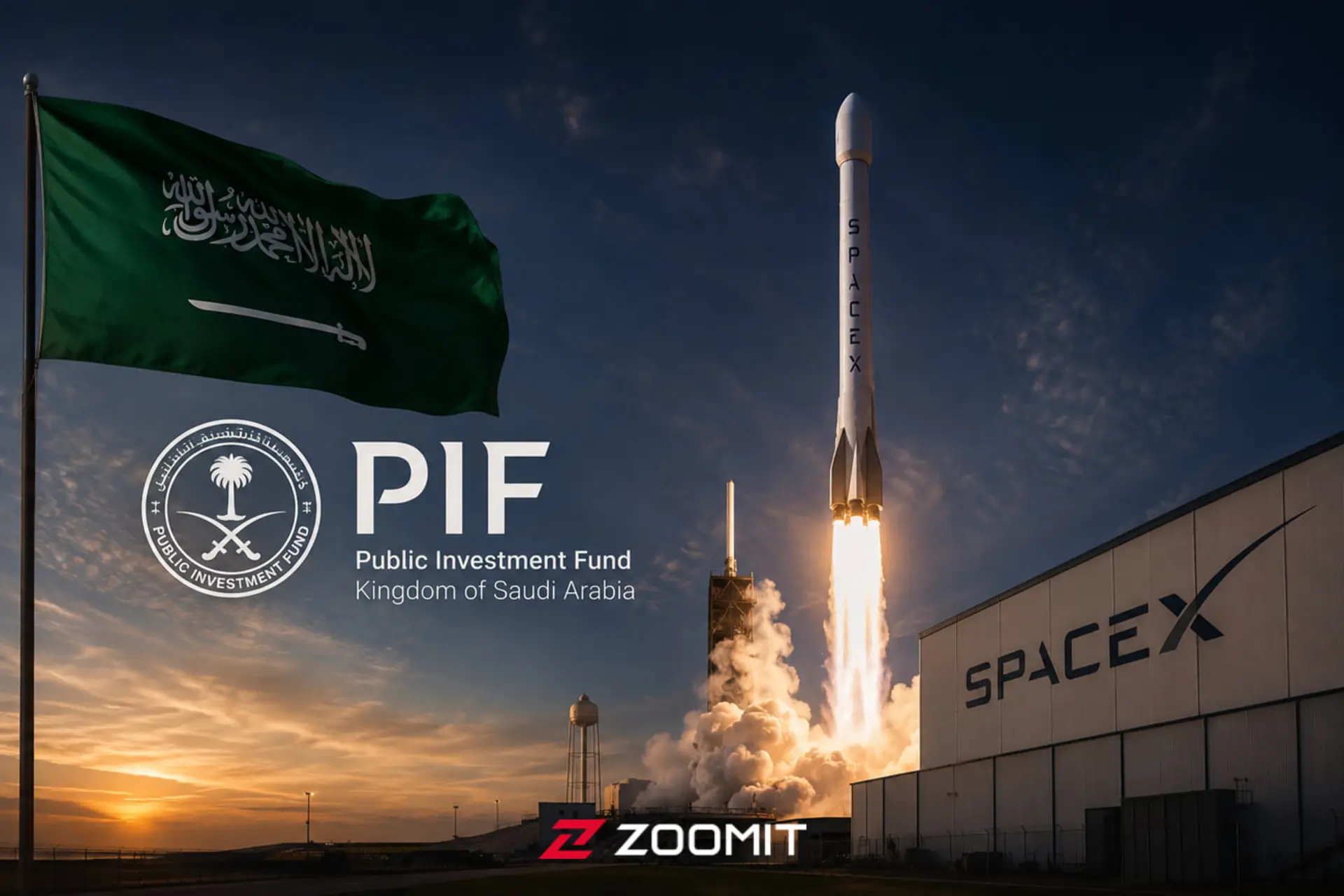 موشک اسپیس‌ایکس (SpaceX) در حال پرتاب از سکوی موشک‌سازی در کنار پرچم عربستان