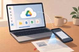 نمای گرافیکی از آیکون‌های سرویس گوگل درایو (Google Drive) روی صفحه لپ‌تاپ