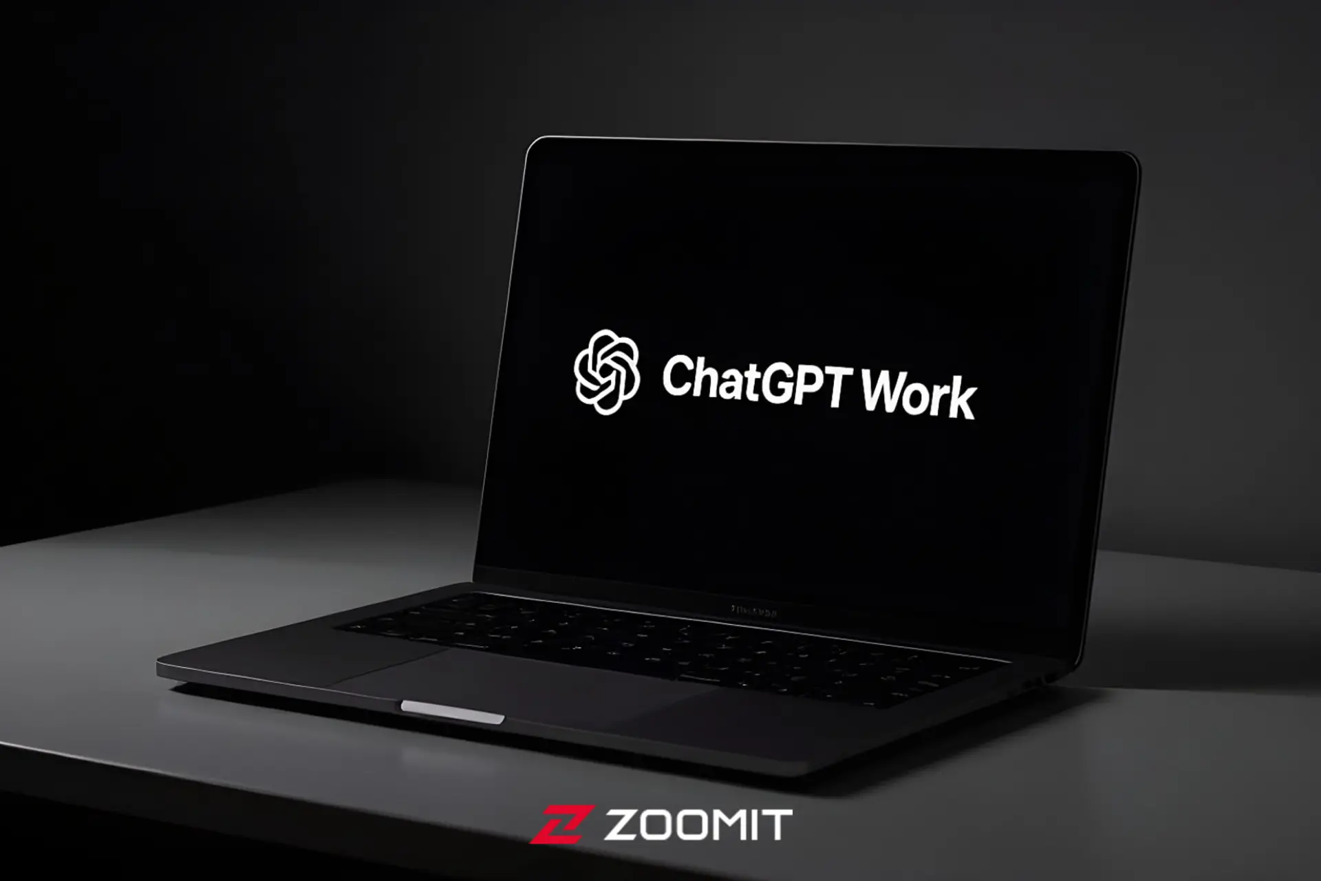 لوگوی ChatGPT Work روی صفحه نمایش یک لپ‌تاپ در محیط تاریک