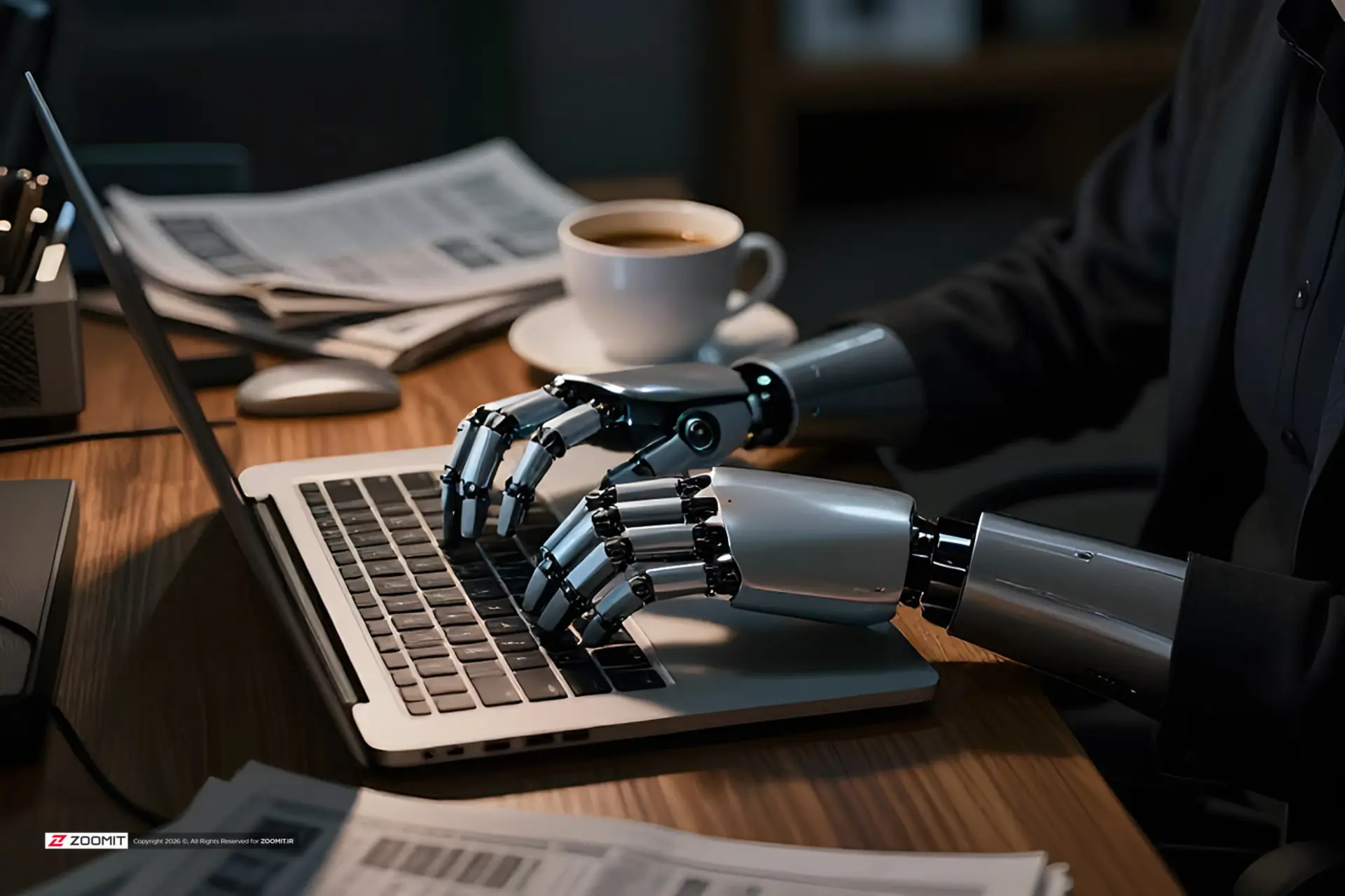 دست‌های رباتیک (Robotic hands) در حال تایپ کردن روی کیبورد لپ‌تاپ