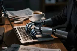 دست‌های رباتیک (Robotic hands) در حال تایپ کردن روی کیبورد لپ‌تاپ