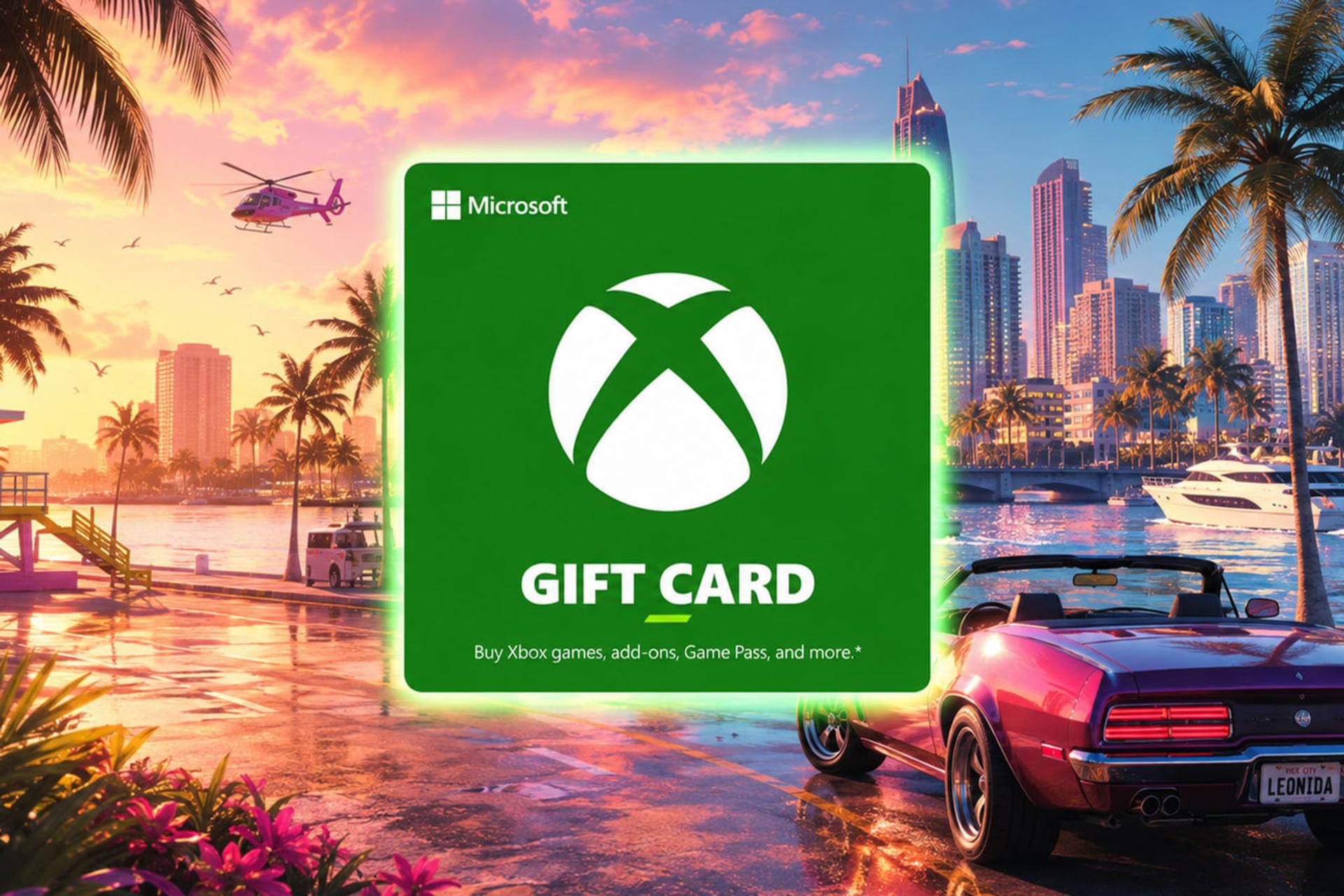 گیفت کارت ایکس‌باکس (Xbox Gift Card) مایکروسافت روی پس‌زمینه‌ای از بازی جی‌تی‌ای ۶