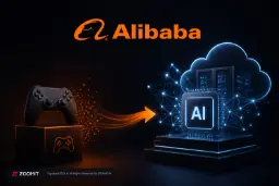 لوگوی علی‌بابا (Alibaba) در کنار کنترلر بازی و تراشه هوش مصنوعی (AI)