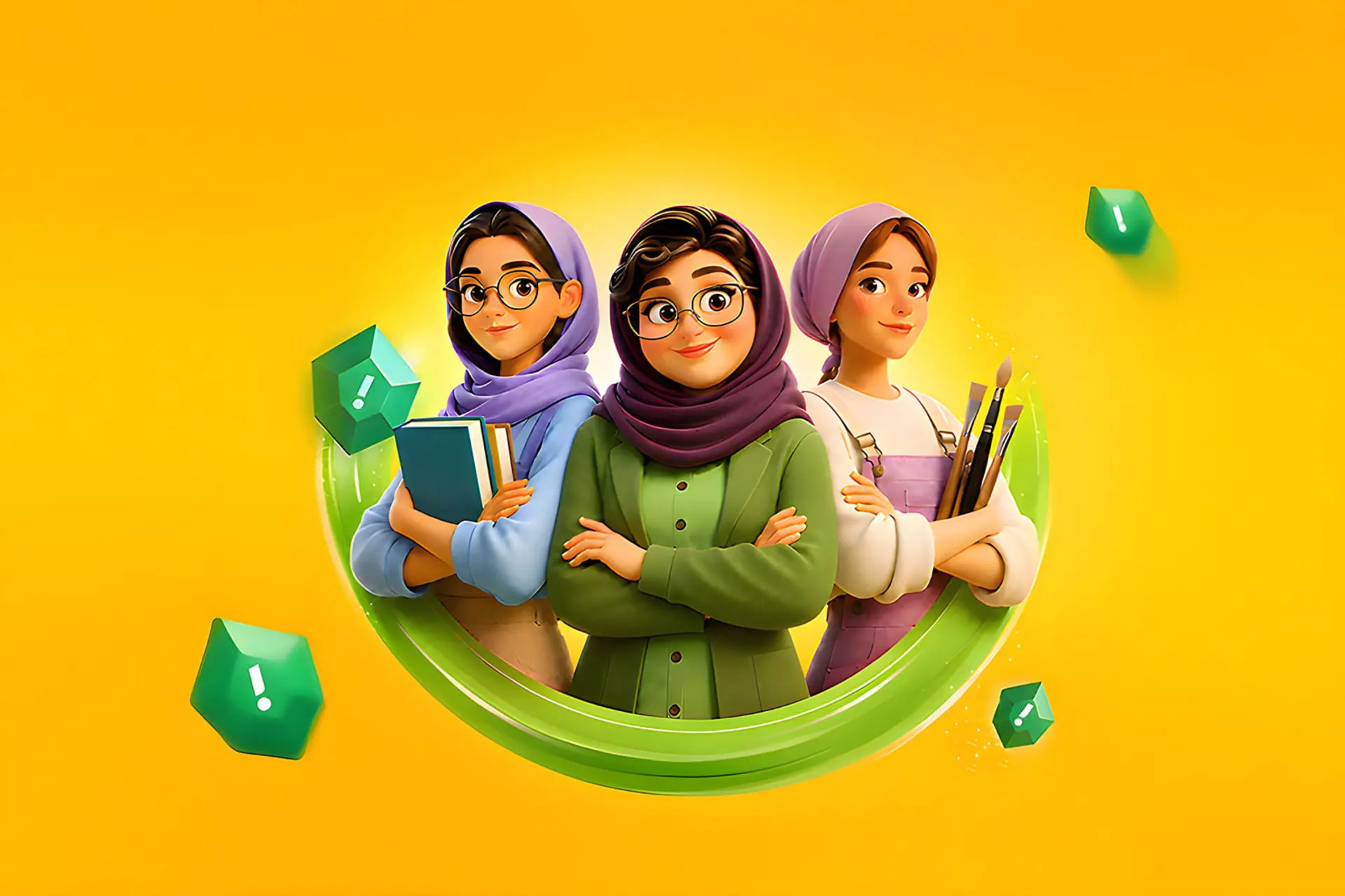 سه دختر جوان با پوشش حجاب و عینک در حال مطالعه و هنر