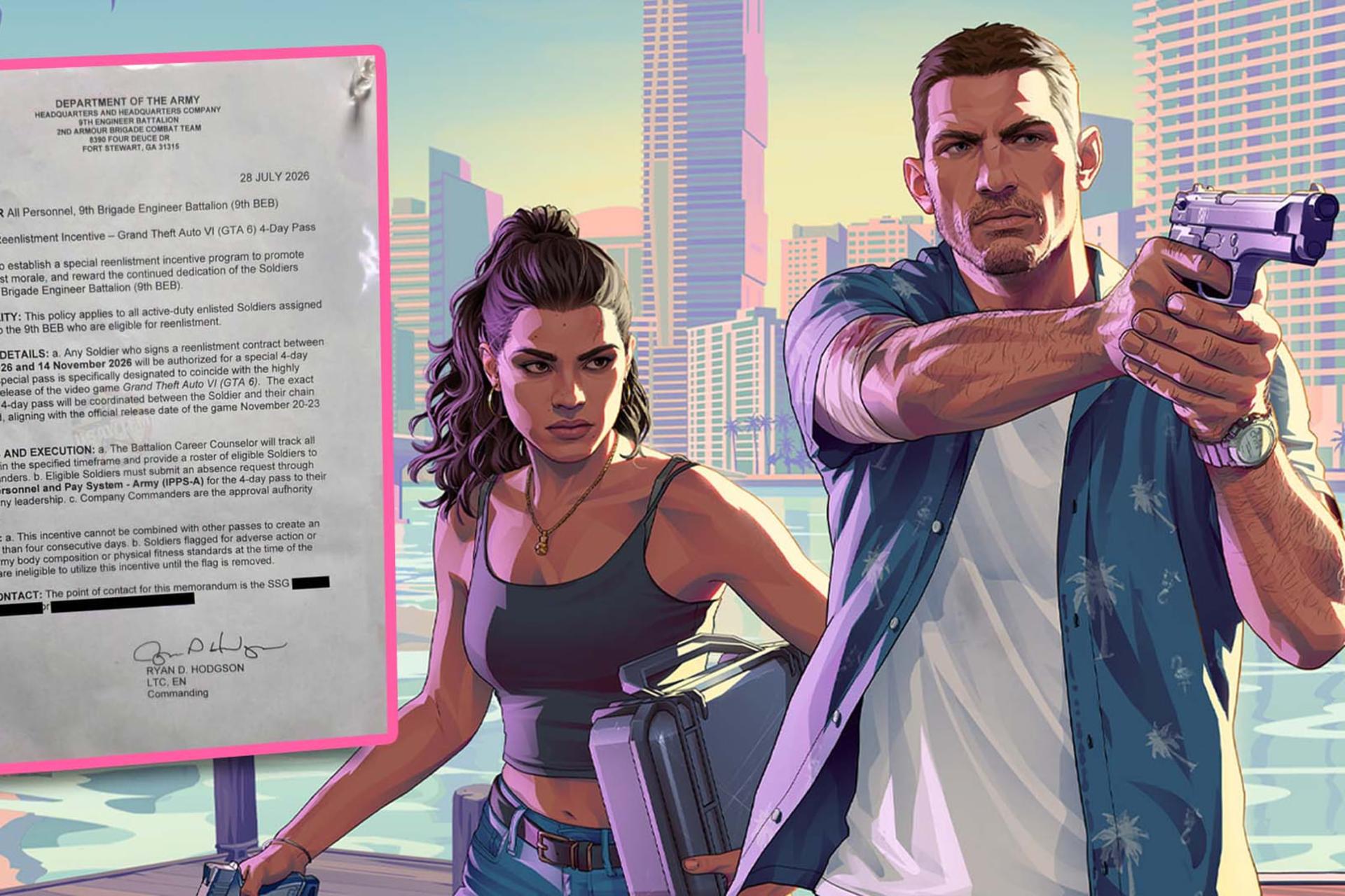 تصویر هنری از شخصیت‌های بازی GTA VI (Grand Theft Auto VI) در مقابل یک سند رسمی ارتش آمریکا