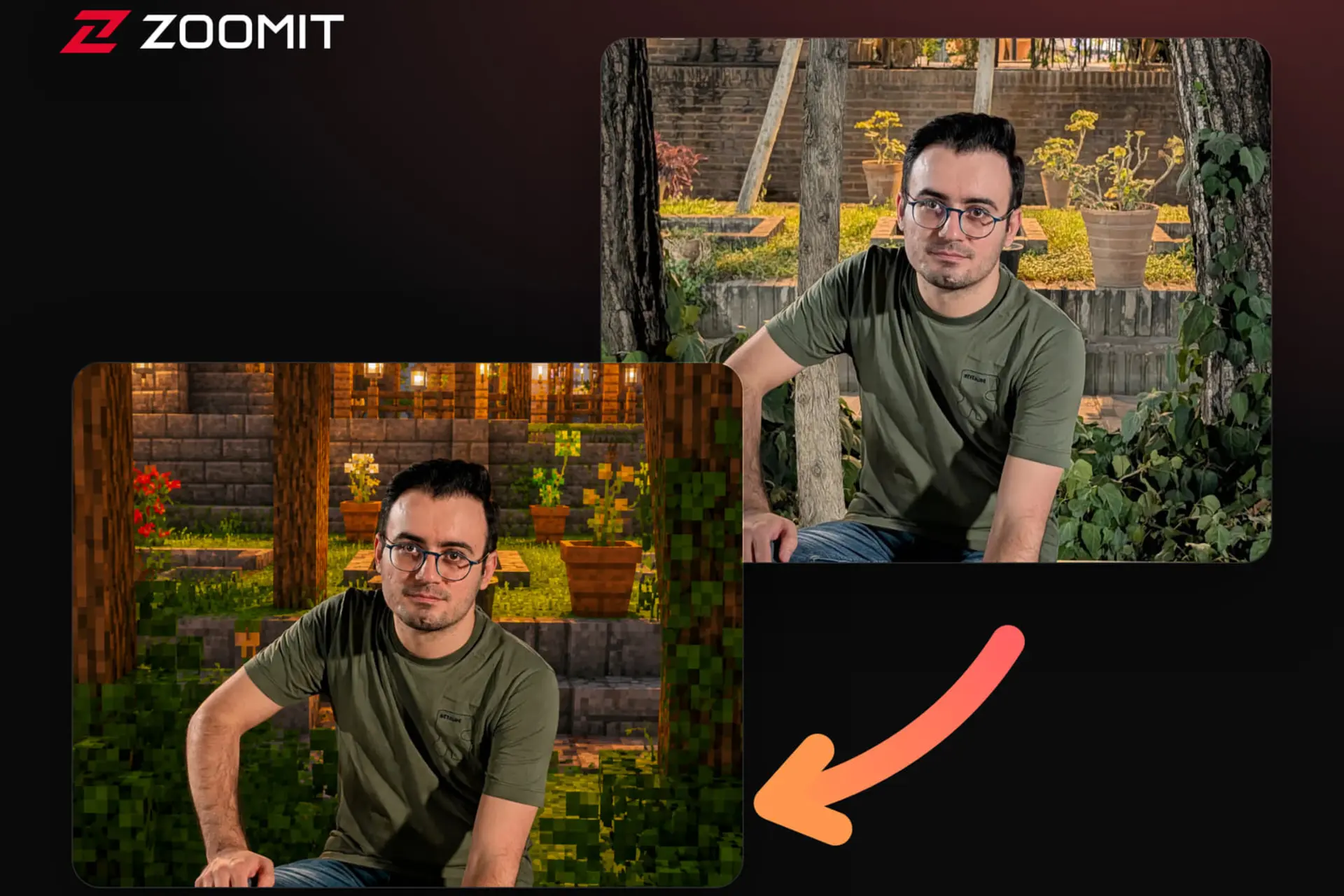 مهرداد عیسی‌لو در محیطی که به سبک بازی ماینکرفت (Minecraft) بازسازی شده است