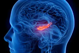 بخش هیپوکامپ (Hippocampus) در ساختار مغز انسان با رنگ قرمز مشخص شده است