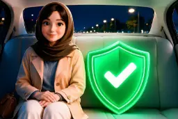 نماد سپر سبز رنگ در کنار مسافر زن در صندلی عقب خودرو