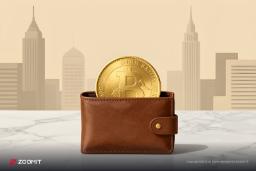 سکه طلایی بیت‌کوین (Bitcoin) داخل یک کیف پول چرمی قهوه‌ای قرار دارد