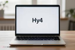 نمایش عبارت Hy4 روی صفحه نمایش یک لپ‌تاپ در محیط داخلی