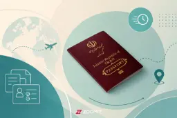 گذرنامه (Passport) جمهوری اسلامی ایران روی پس‌زمینه گرافیکی با نمادهای سفر و زمان