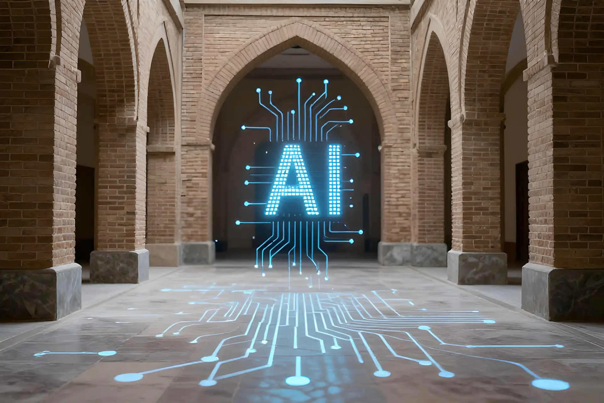 نماد دیجیتال هوش مصنوعی (AI) در میان تالار آجری با ستون‌های طاق‌دار