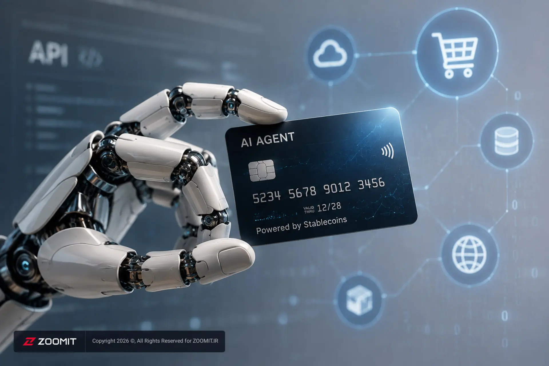 دست رباتیک با یک کارت بانکی AI AGENT با عبارت Powered by Stablecoins