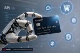 دست رباتیک با یک کارت بانکی AI AGENT با عبارت Powered by Stablecoins
