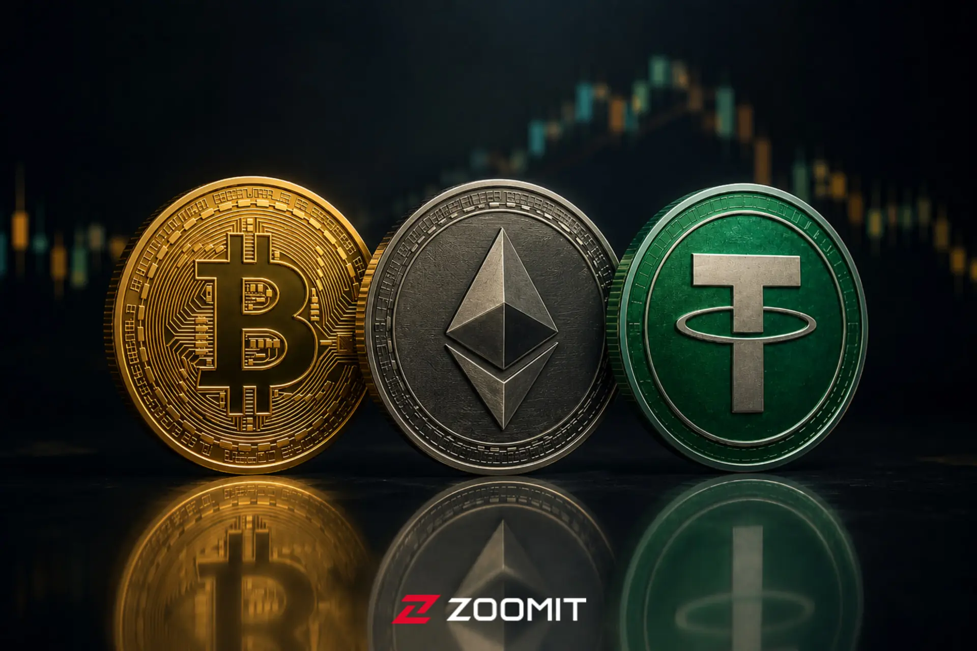 سکه های بیت‌کوین (Bitcoin)، اتریوم (Ethereum) و تتر (Tether) روی یک سطح براق