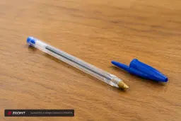 خودکار بیک کریستال (Bic Cristal) با بدنه شفاف و در آبی روی میز چوبی