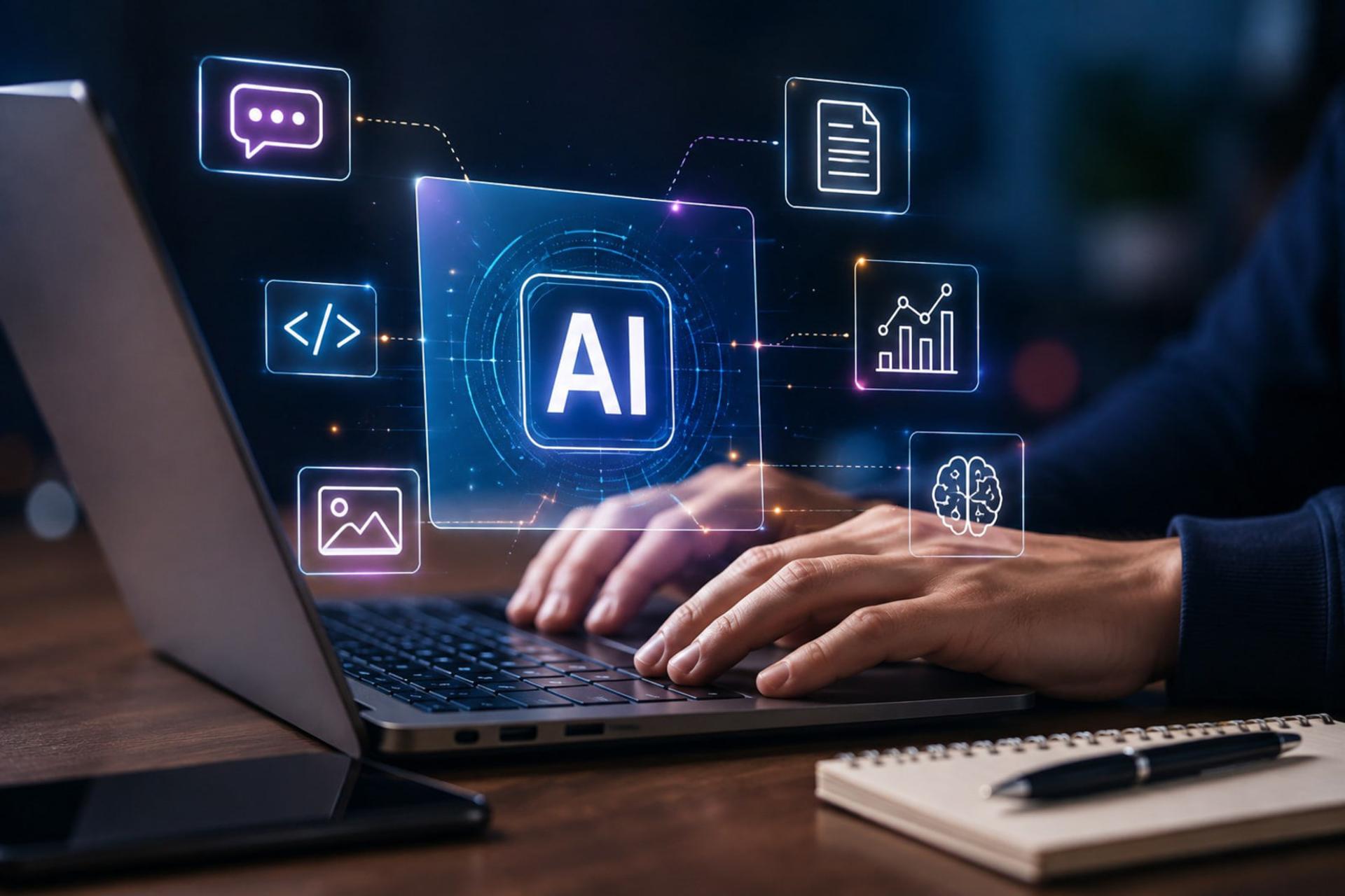 نمادهای گرافیکی هوش مصنوعی (AI) بر فراز کیبورد لپ‌تاپ در حال تایپ