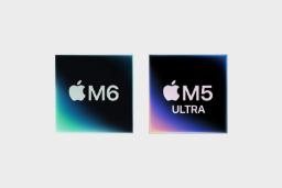 پردازنده‌های جدید M6 و M5 Ultra با لوگوی اپل روی پس‌زمینه تیره