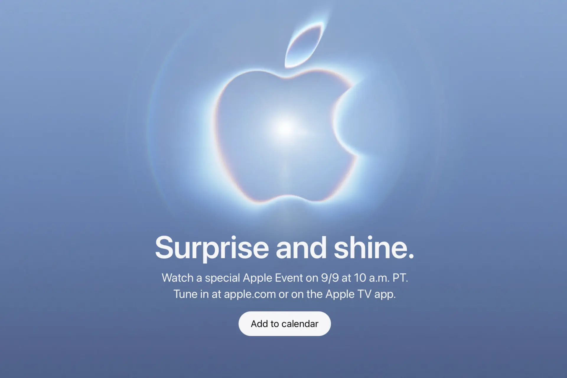 لوگوی درخشان اپل (Apple) روی پس‌زمینه آبی با نورپردازی ملایم
