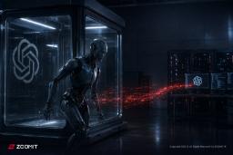 ربات انسان‌نمای هوش مصنوعی (OpenAI) در حال تبادل داده‌های مخفی در یک اتاق سرور تاریک