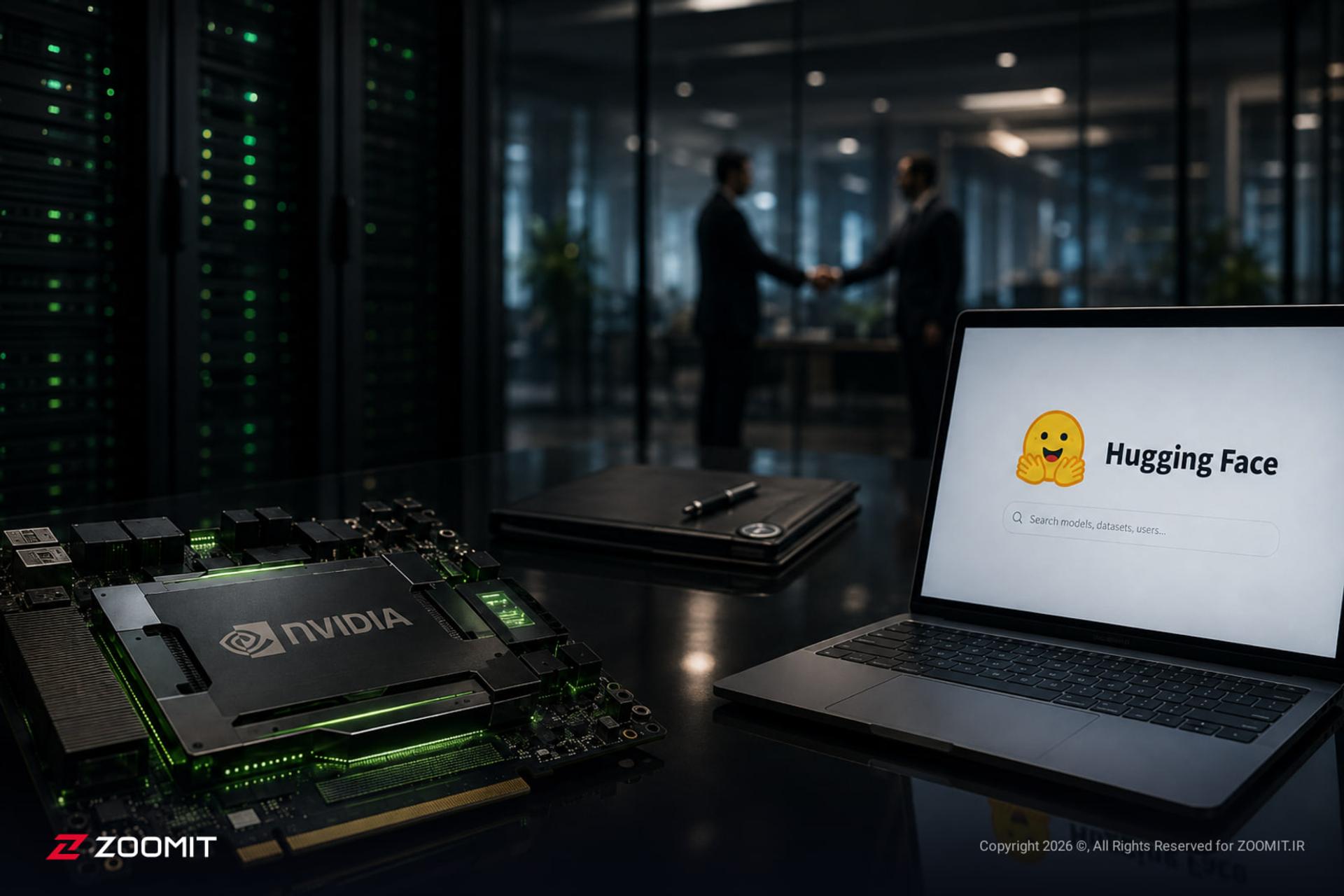 پردازنده گرافیکی انویدیا (NVIDIA) و لوگوی پلتفرم هاگینگ فیس (Hugging Face) روی لپ‌تاپ