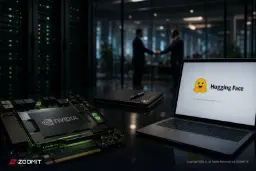 پردازنده گرافیکی انویدیا (NVIDIA) و لوگوی پلتفرم هاگینگ فیس (Hugging Face) روی لپ‌تاپ