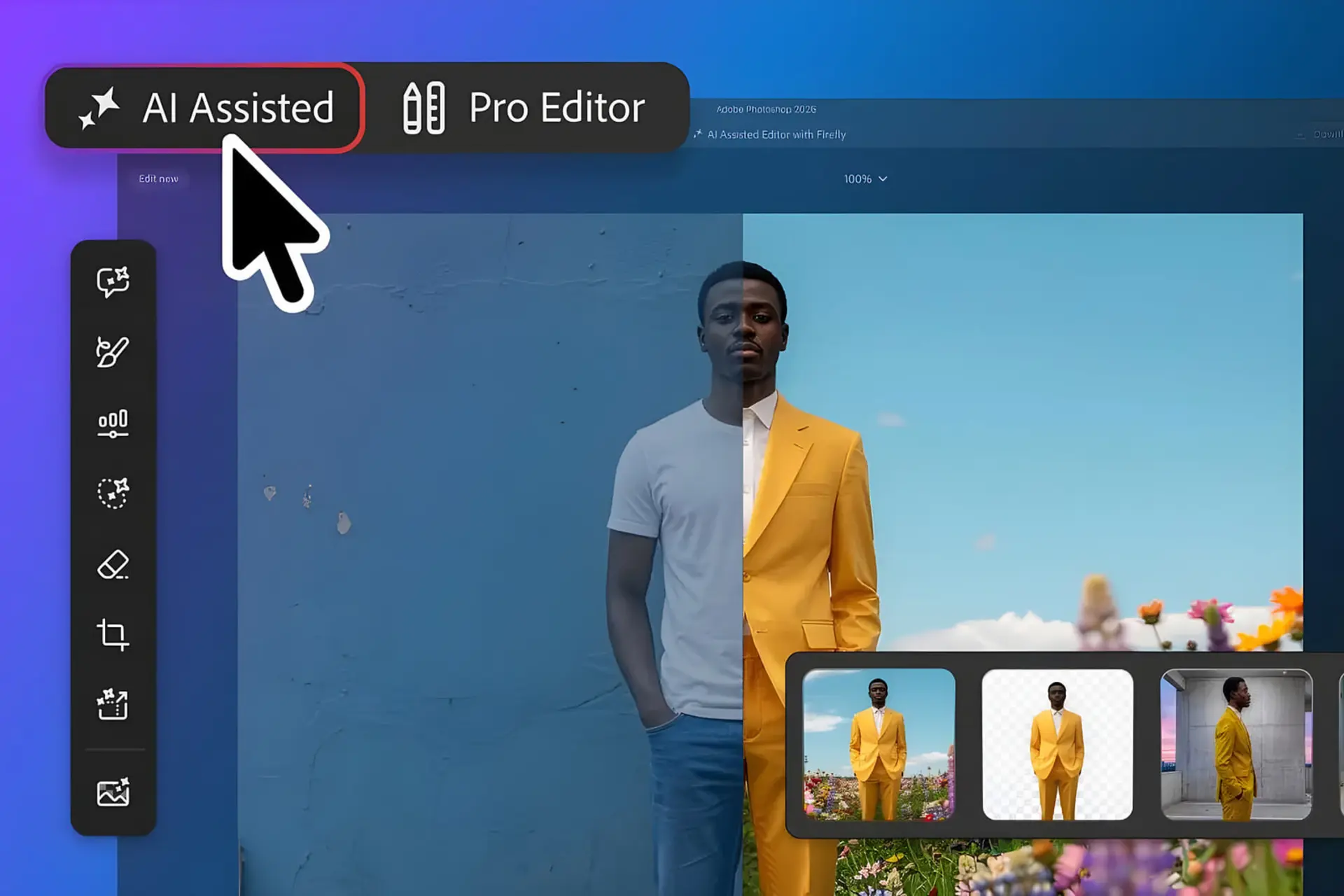 رابط کاربری فتوشاپ با ابزار AI Assisted برای ویرایش هوشمند تصاویر