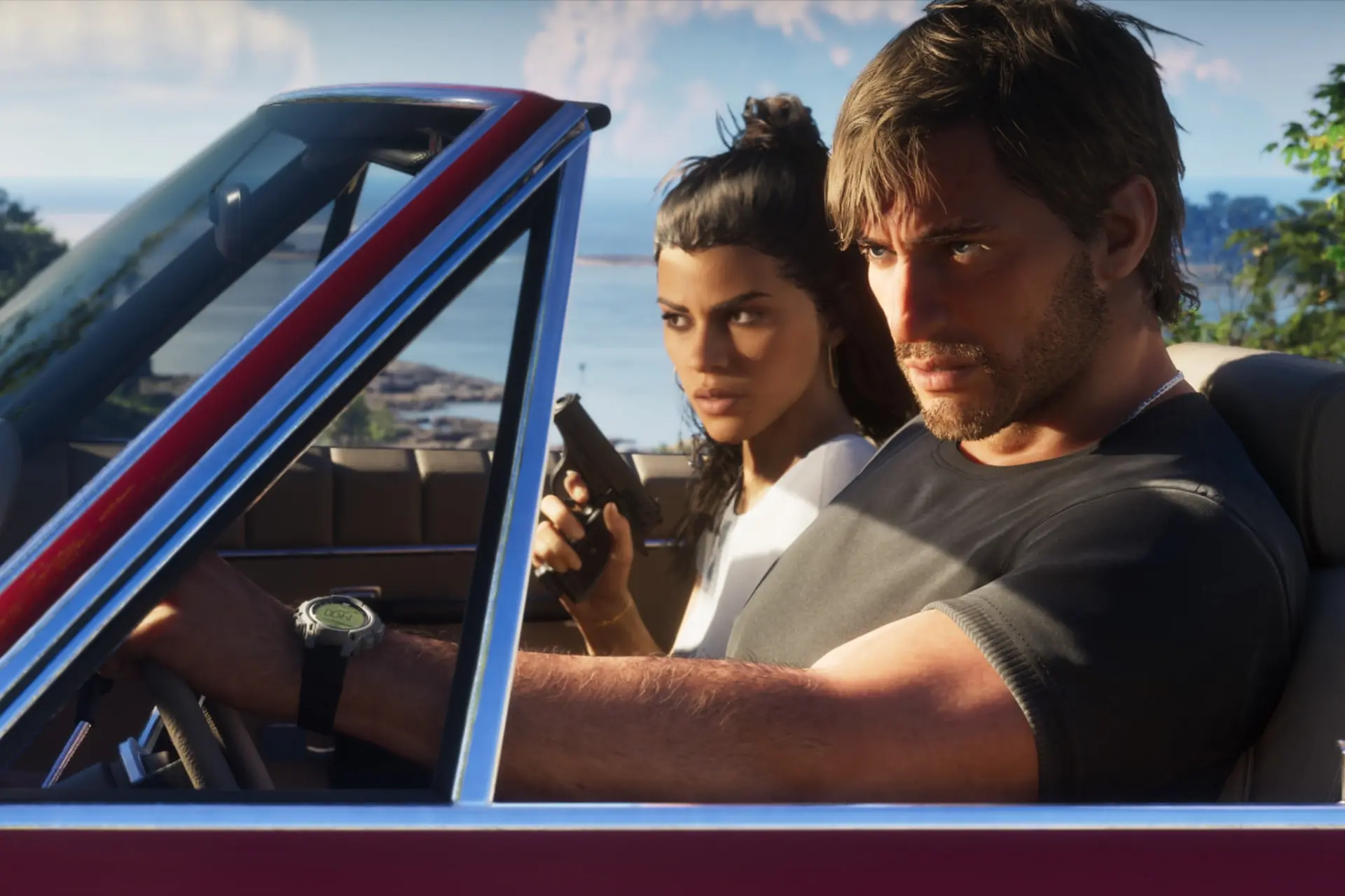 شخصیت‌های بازی GTA 6 در حال رانندگی با خودرو در ساحل