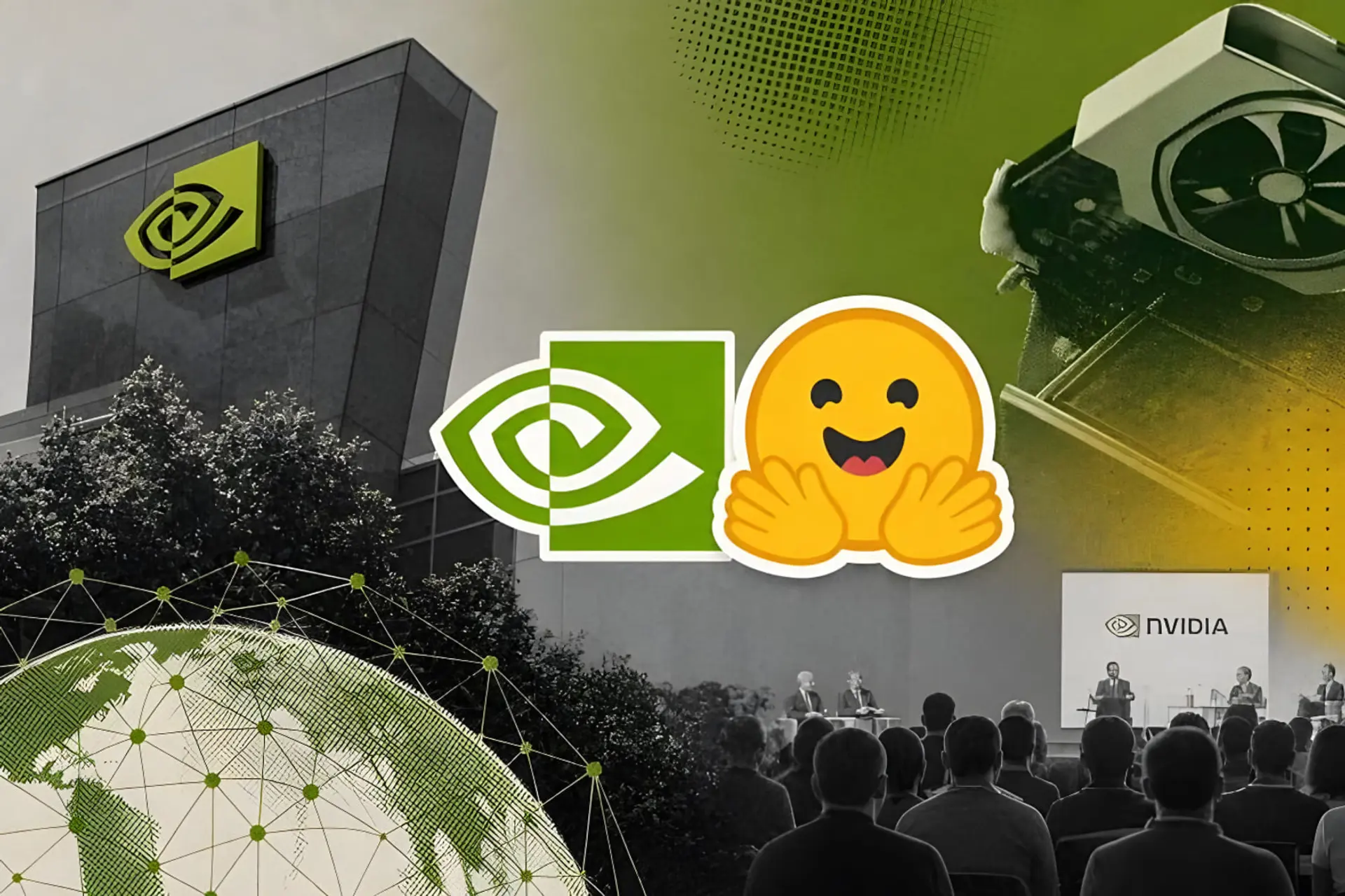لوگوی هاگینگ فیس (Hugging Face) در کنار کارت گرافیک و ساختمان شرکت انویدیا (NVIDIA)