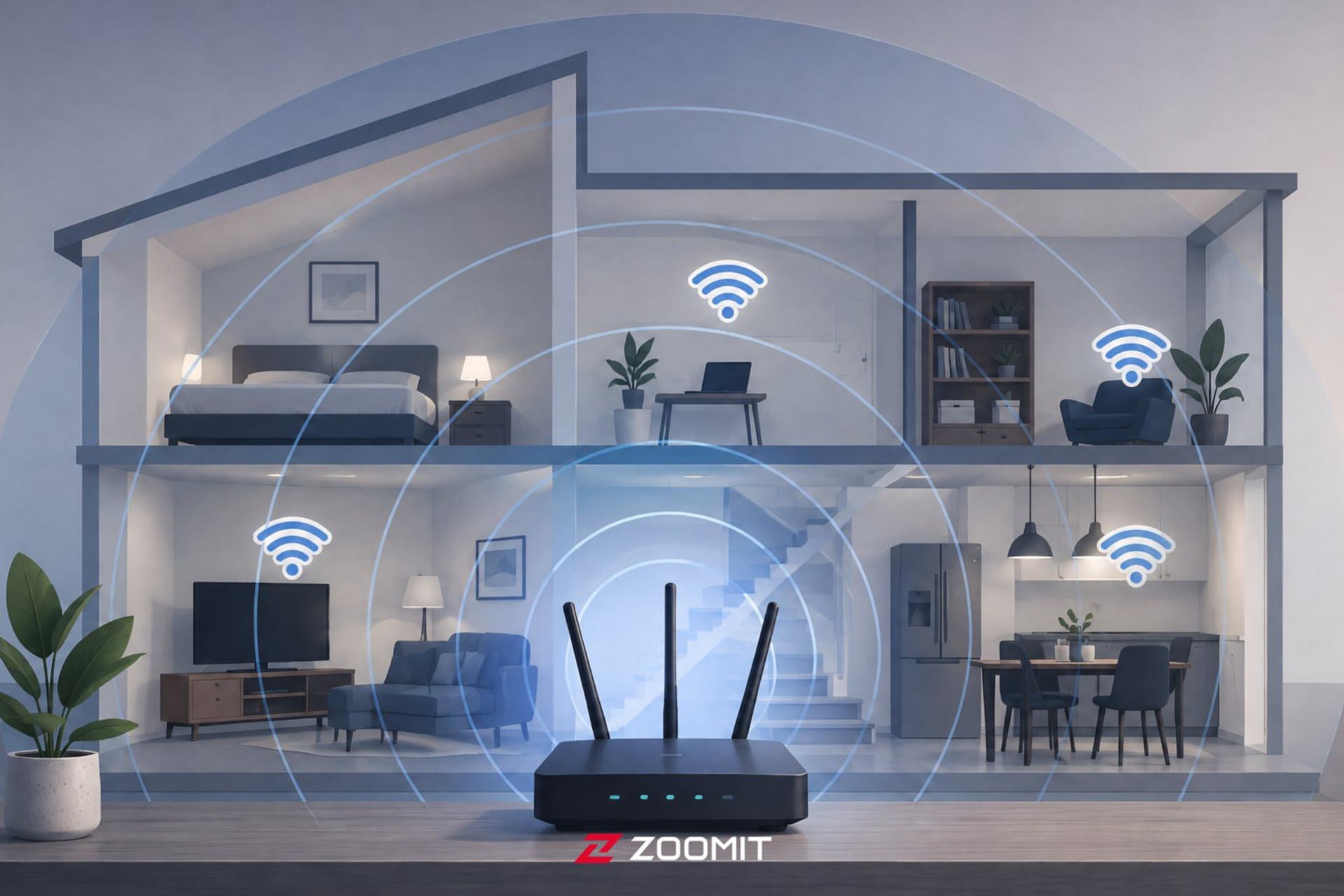 پوشش سیگنال وای‌فای (Wi-Fi) در اتاق‌های مختلف یک خانه دو طبقه