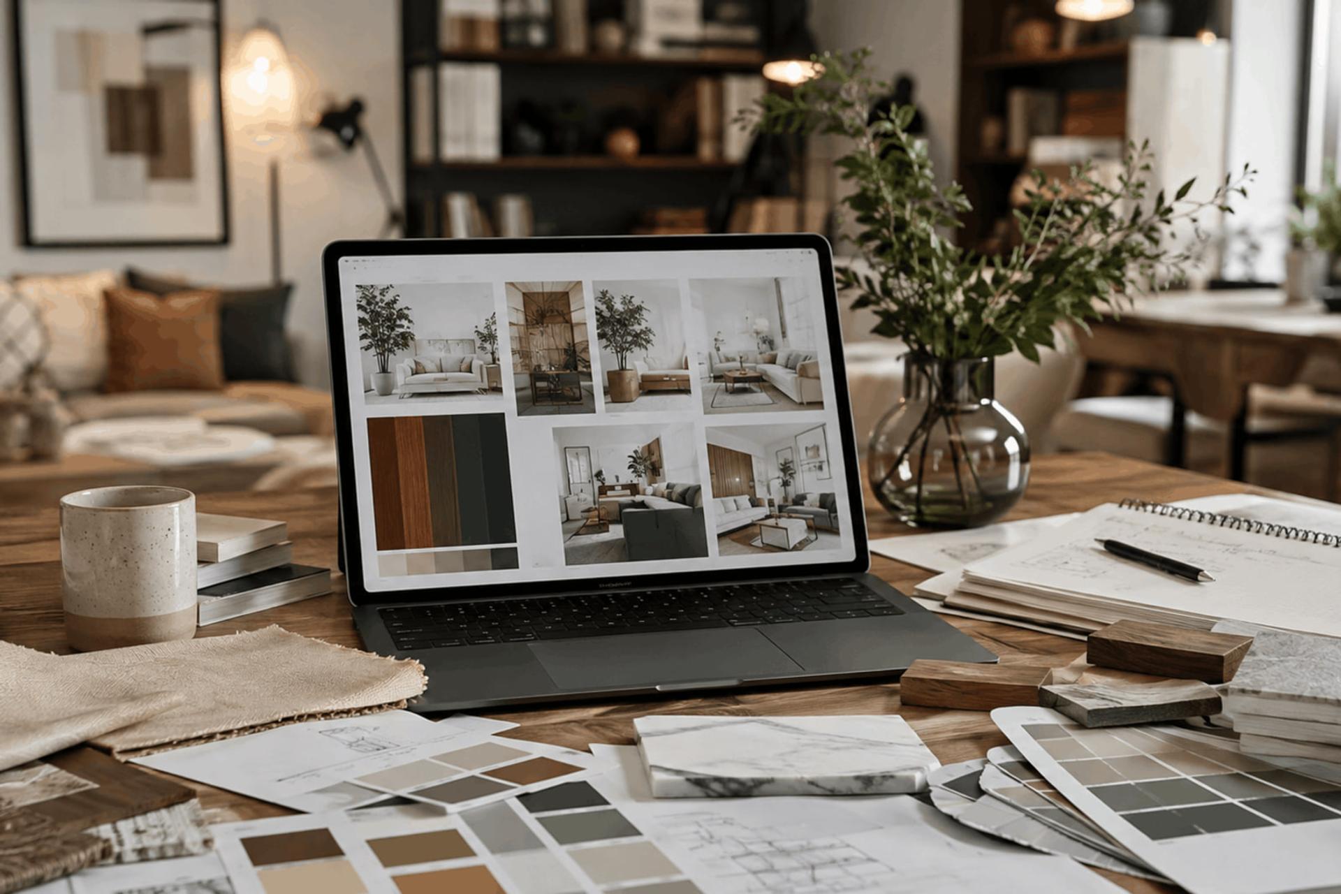 لپ‌تاپ نمایش‌دهنده تصاویر مختلف از طراحی دکوراسیون داخلی مدرن