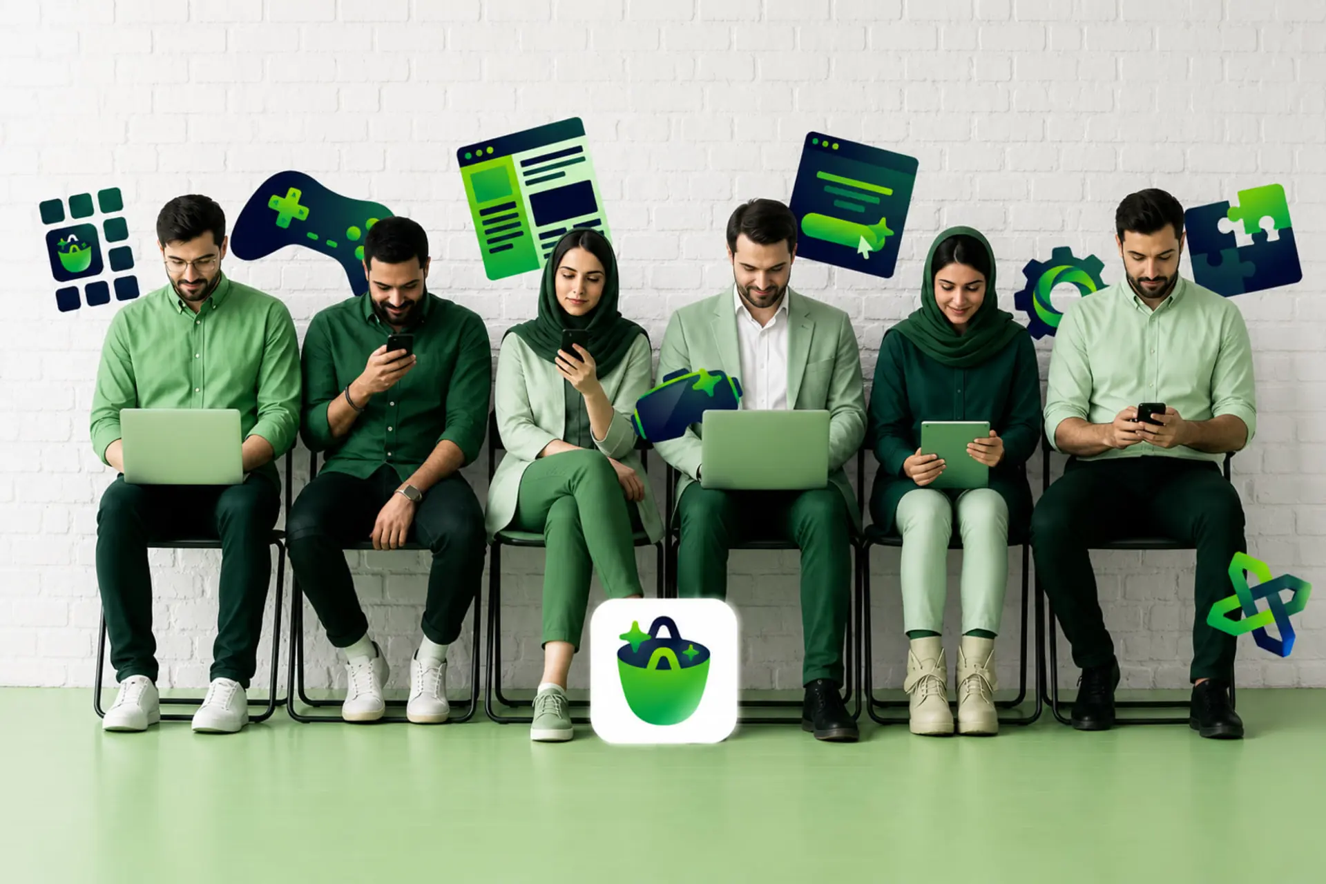 تیم برنامه‌نویسان در حال کار با لپ‌تاپ و گوشی‌های هوشمند