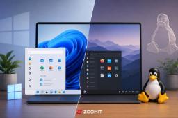 رابط کاربری ویندوز (Windows) در سمت چپ و محیط دسکتاپ لینوکس در سمت راست لپ‌تاپ