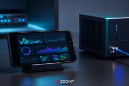 گوشی اندرویدی (Android) نمایش‌دهنده نمودارهای شبکه در کنار یک سرور